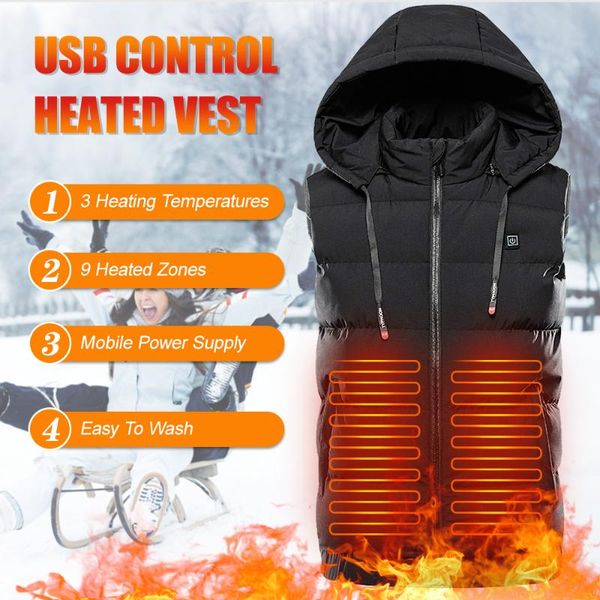

men women usb heated vest winter portable heating warm tank electric crop water-resistant hooded outdoor men's vests, Black;white