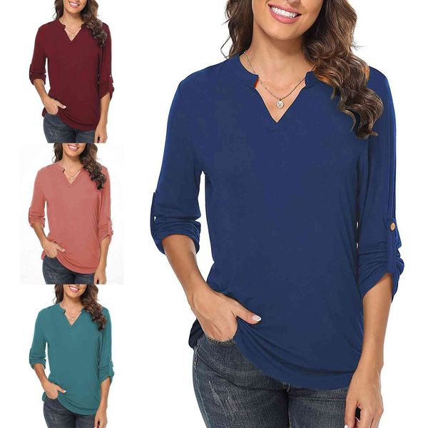 

women's blouses & shirts mode button tunic soild v-neck ladies fashion shirts plied sleeve long sleeves casual spring shirt ropa mujer, White