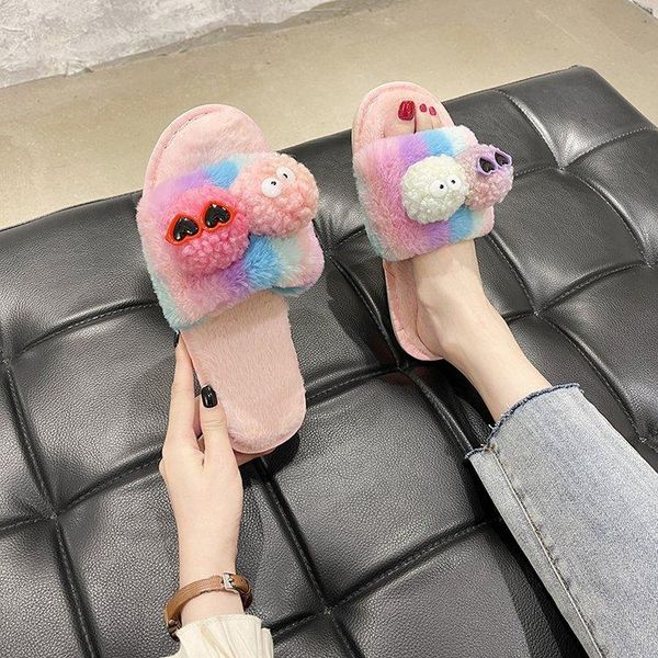 

slippers shoes women 2021 massage fur flip flops low-luxury flat-bottomed plush designer with rome, Black