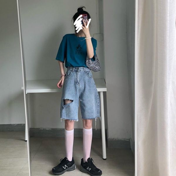 

women's shorts womens summer casual hole high waist riped button denim trousers blue street style chic female, White;black