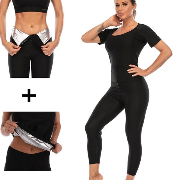 

gym clothing 2pcs/set neoprene body shaper women waist trainer slimming pants super stretch lose weight control vest/shirts corset fajas top, White;black