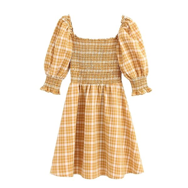 

sweet fashion plaid elastic chest mini dress vintage square collar short sleeve dresses casual girls vestidos 210520, Black;gray