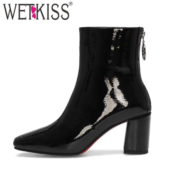 

boots wetkiss high heels thick ankle women patent pu booties shoes female square toe ladies zip party winter 2021, Black