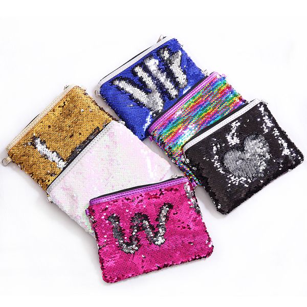 

new ladies shoulder crossbody with strap bags cute change pouch small zipper fashion reversible mermaid sequin coin purse, Red;black