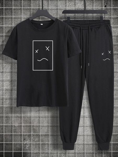 

men expression print tee & drawstring sweatpants 28n1#, Gray