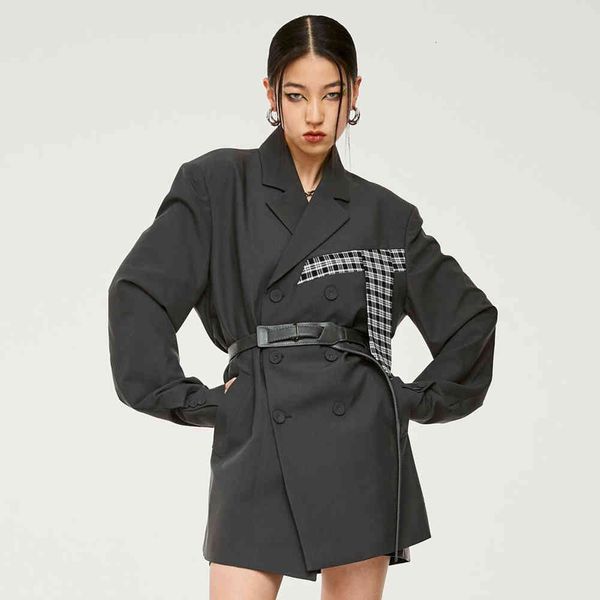 

women's jumpsuits & rompers women blazer elegant notched collar single breasted plaid patchwork belt designed business office dady, Black;white