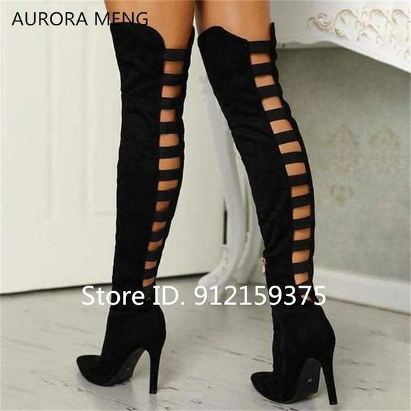 

boots 2021 autumn winter women hollow out over the knee suede pointed toe thin high heels long runway shoes size 44, Black