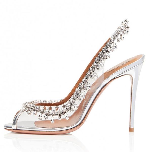 

sandals arrivals women slingback fashion pumps crystal studded transparent female sweet peep toe stiletto high heels, Black