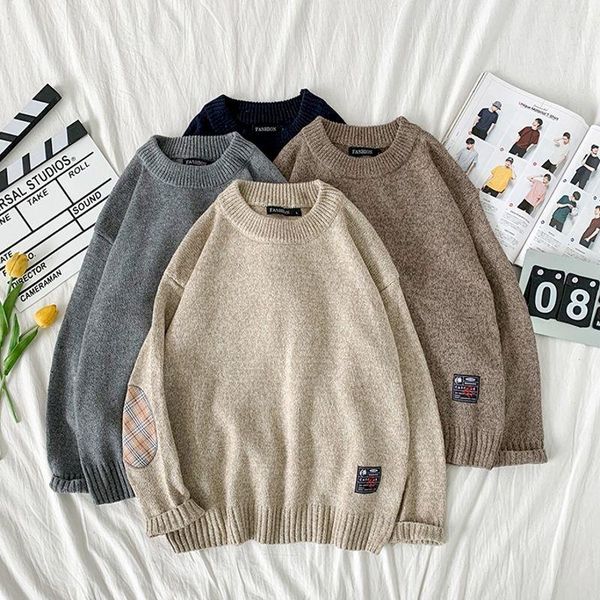 

men's sweaters fonekie japanese korean knit men oversized trend loose casual retro patch round neck sweater pullover warm mens, White;black