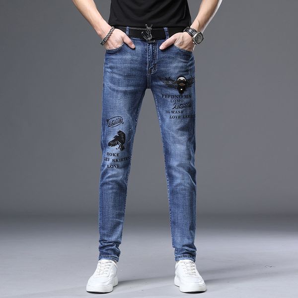 

fashion jeans men's pants slim stretch casual printing drill korean blue youth