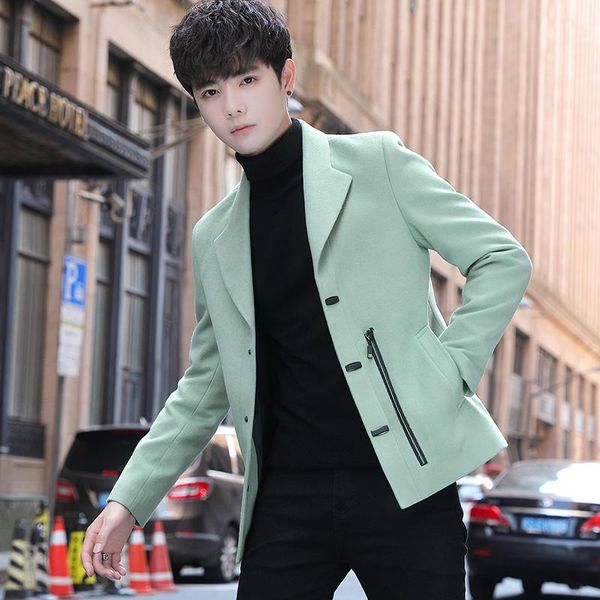 

men's wool & blends 2021 winter jacket short slim fit blazer casual business trench coat streetwear social overcoat men clothing, Black