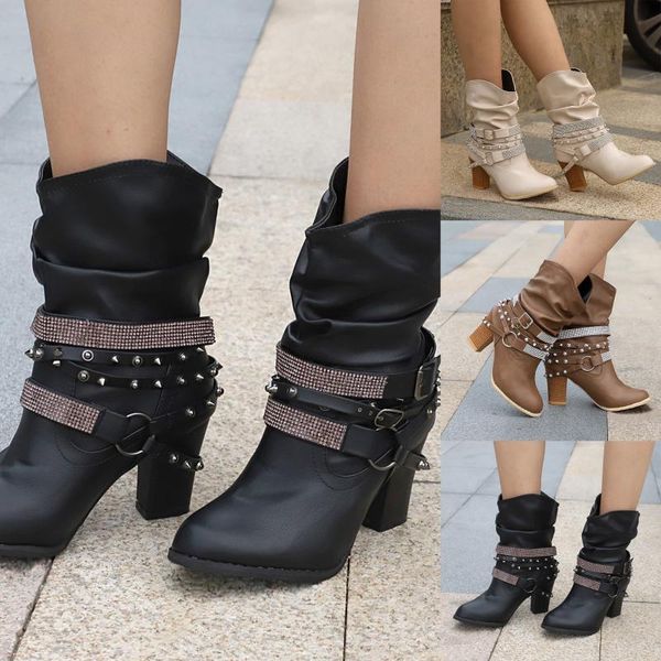 

buckle strap boots women autumn winter retro pu leather shiny rivets heel half shoes botines mujer 2021, Black