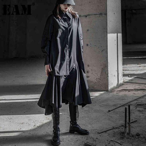 

[eam] women black ruffles pleated solid color dress lapel long sleeve loose fit fashion spring autumn 1dd6189 21512, Black;gray