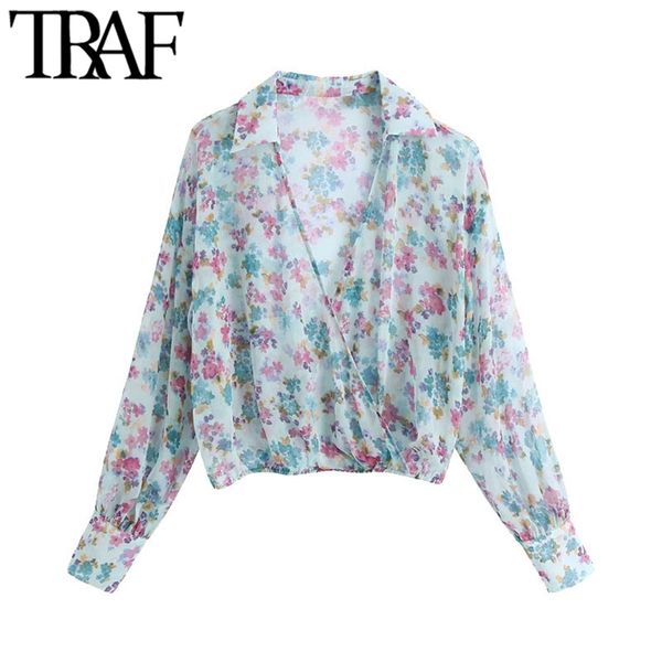 

women fashion semi-sheer floral print cropped blouses vintage long sleeve elastic hem female shirts chic 210507, White