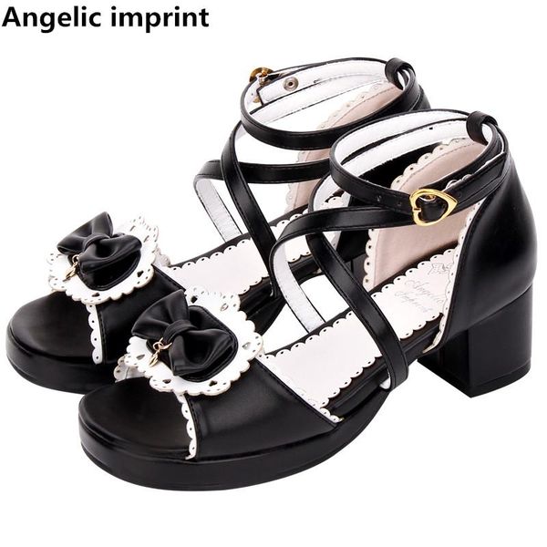 

angelic imprint woman mori girl lolita cosplay shoes lady mid heels pumps women princess summer dress sandals bowties 33-47, Black