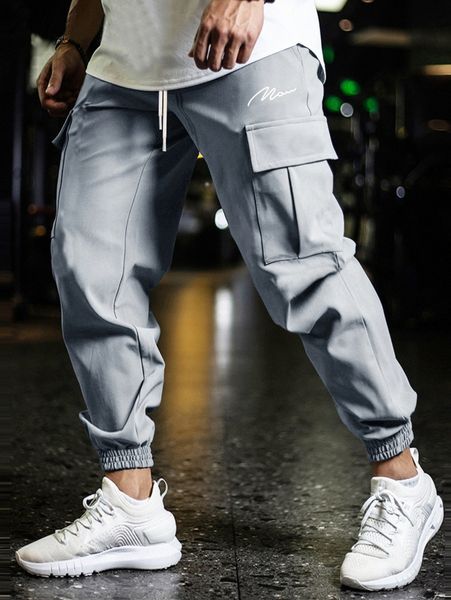 

men letter graphic utility pocket drawstring waist joggers z5xx#, Black