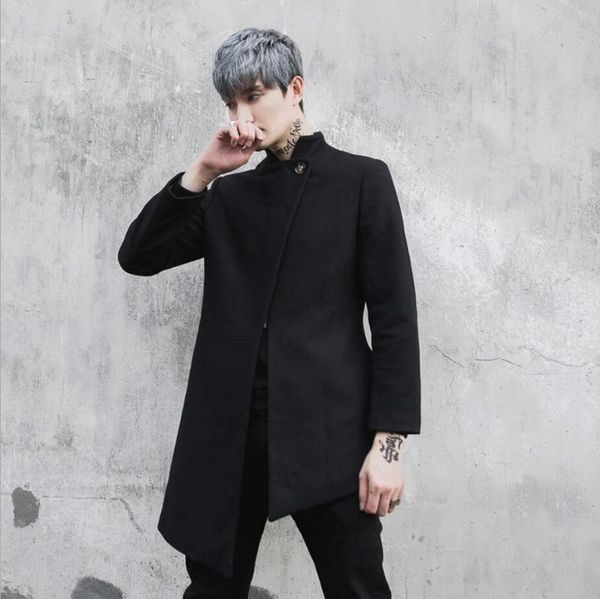 

men's trench coats 2021 fashion dj korean personality hair stylist asymmetrical long wollen coat singer costumes, Tan;black