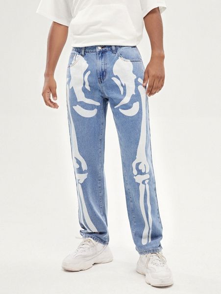 

men skeleton print jeans c2nc#, Blue