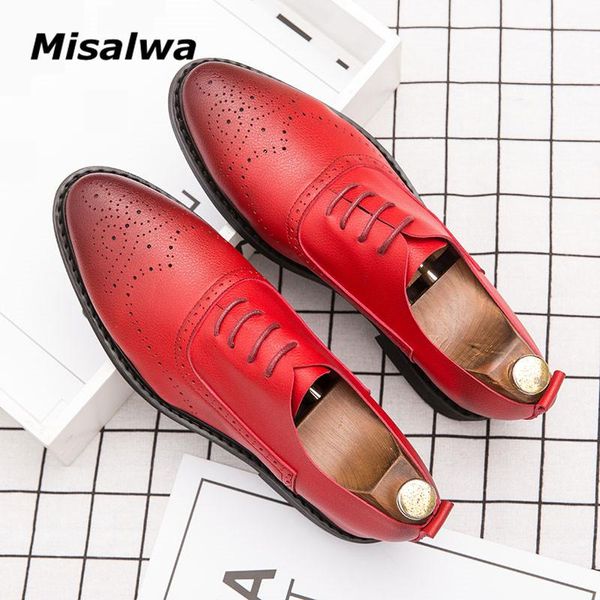 

dress shoes misalwa red brogue pu leather men's pointy toe fashion wedding party men carved single layer african oxfords, Black