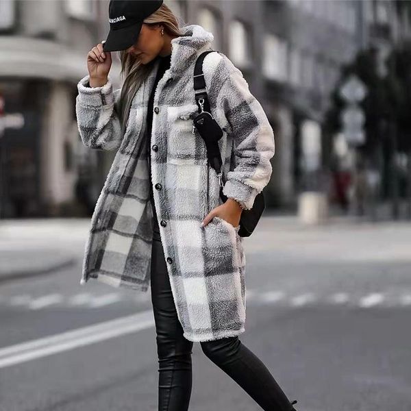 

women's wool & blends autumn winter warm furry overcoat outerwear fashion long sleeve loose cardigan women vintage turn-down collar bu, Black