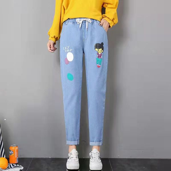 

spring new student girl loose straight jeans and versatile capris, Black;white