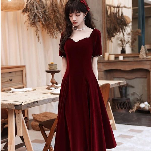

ethnic clothing sweetheart neck burgundy female cheongsam exquisite beaded qiapo pleated velour evening party dress gown elegant vestid, Red