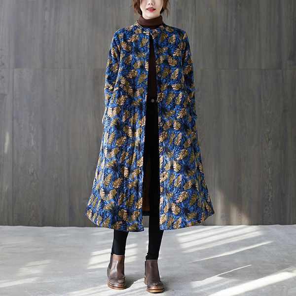 

johnature women print floral parkas button cotton linen coats winter o-neck long sleeve thick women vintage parkas coat 210521, Black
