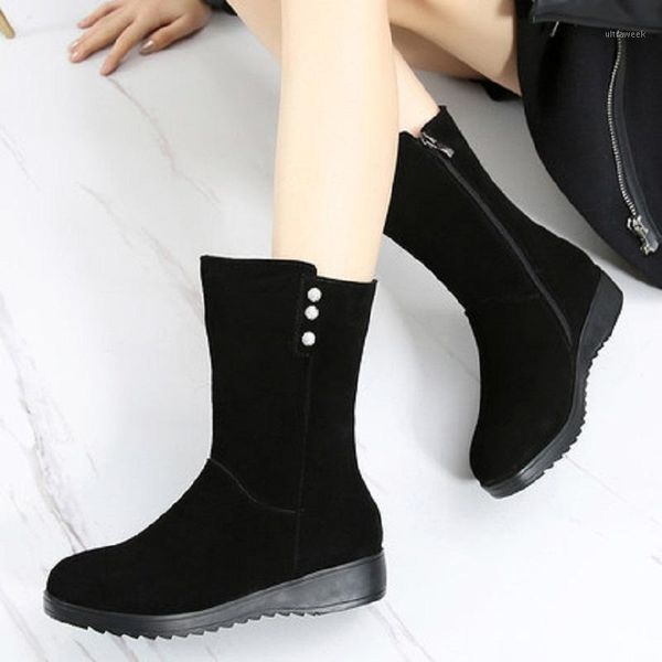 

boots 2021 women's autumn and winter matte leather flat with short plus velvet cotton half comfortabl1, Black