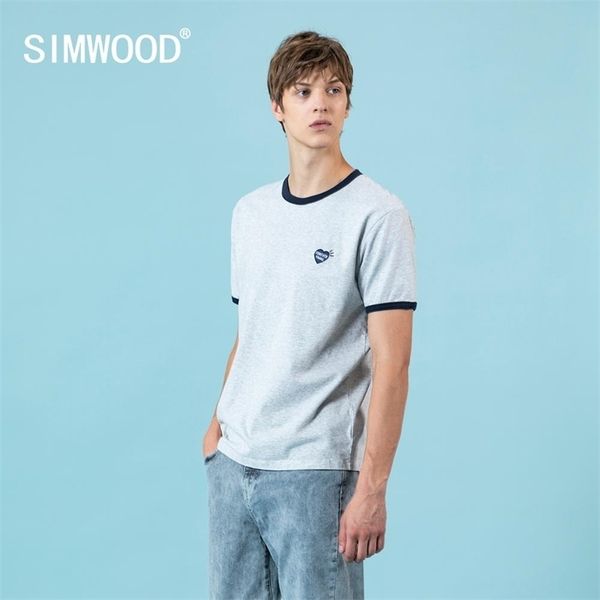 

simwood 2021 summer new t-shirt men fashion contrast color plus size embroidered 100% cotton tees sj120610 210317, White;black