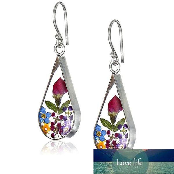 

huitan fashion dried flower earrings for women jewelry colorful plant fantasy diy resin water drop pressed flower dangle earring, Silver
