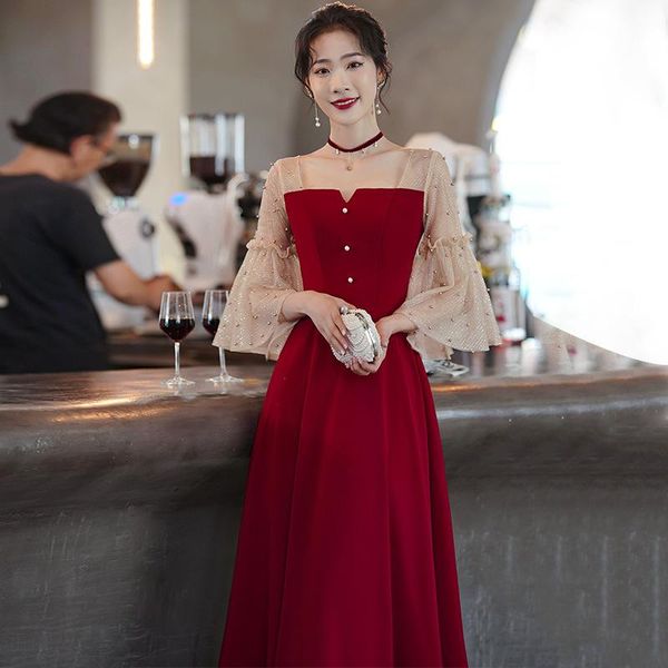 

ethnic clothing pleated sweetheart neck cheongsam perspective mesh flare sleeve evening party dress gown pearl sequins qipao burgundy vestid, Red
