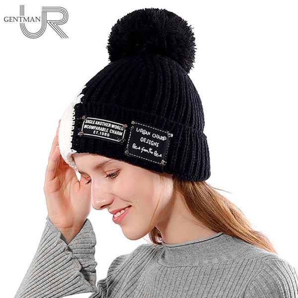

warm winter hat female fashion skullies beanies thick fur knitted for woman lady pompom hats two-tone design bonnet cap beanie/skull caps, Blue;gray