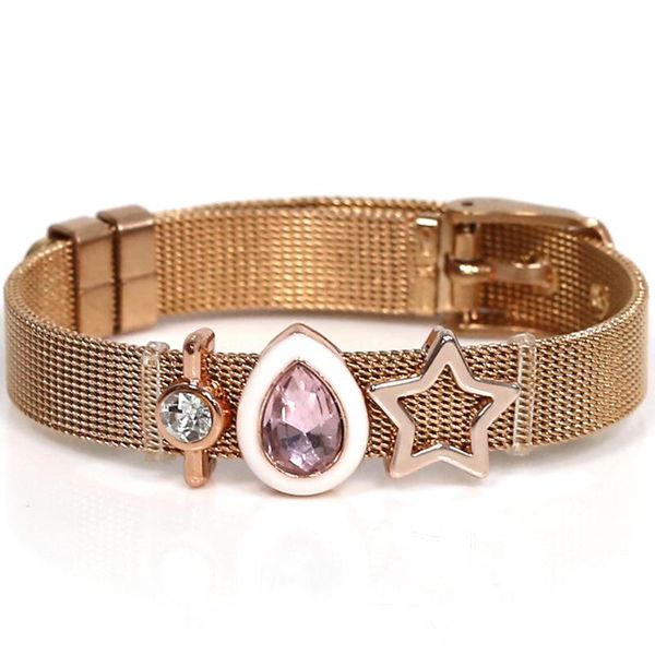 

charm bracelets fashion stainless steel mesh watch belt for women couple original pink crystal water drops star bracelet bangle, Golden;silver