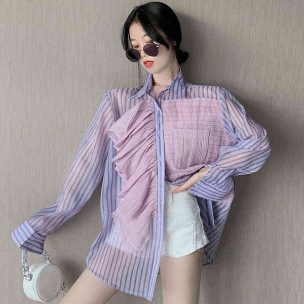 

women's blouses & shirts [ewq] autumn women sweet blouse single breasted turn-down collar long-sleeved patchwork purple ruffles shirt 8, White