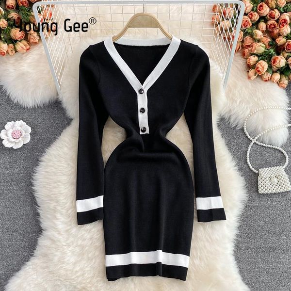 

casual dresses young gee autumn winter dress europe fashion v-neck package hips knit bodycon mini women party vestidos de fiesta, Black;gray