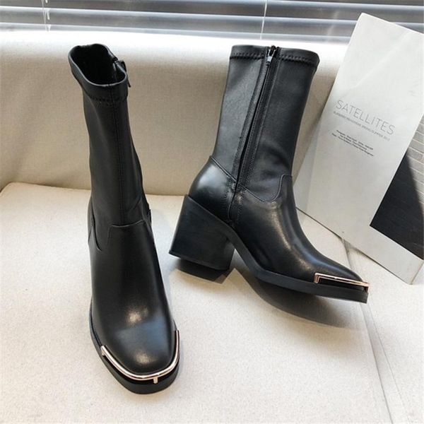 

boots metal square toe women ankle genuine leather 7cm chunky high heel shoes woman autumn short booties slim fit sock boot, Black