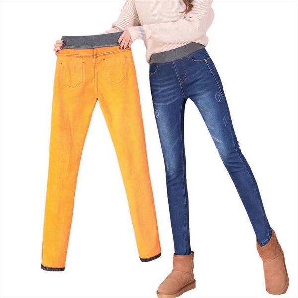 

winter warm skinny pants women jean velvet thick trousers high waist elastic middle aged mother stretch plus size 36 38, Blue