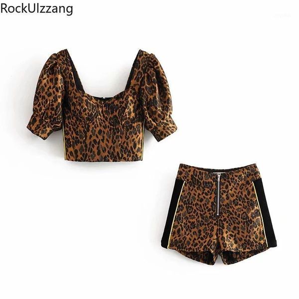 

piece matching set zipper square short sleeve slim crop outfit blouse high waist stripe jogger pant leopard track women's tracksuit, Gray