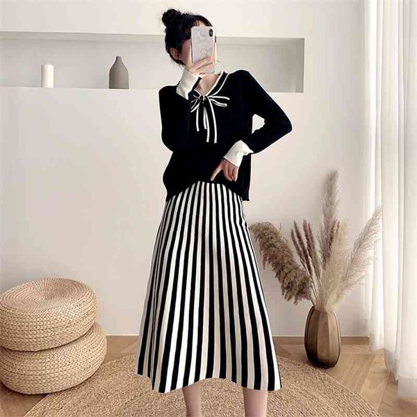 

winter women elegant bow v-collar pullover sweater and high waist 2 piece set stripe knitted skirt suit 210520, White