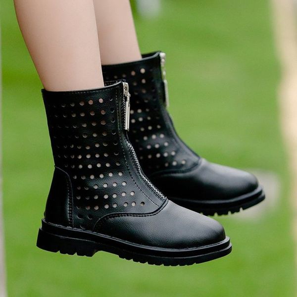 

2021 Children Boots For Girls Autumn Brand New Fashion Motorcycle Boots Cut-outs Breathable Tide Performance Shoes Front Zipper, Black