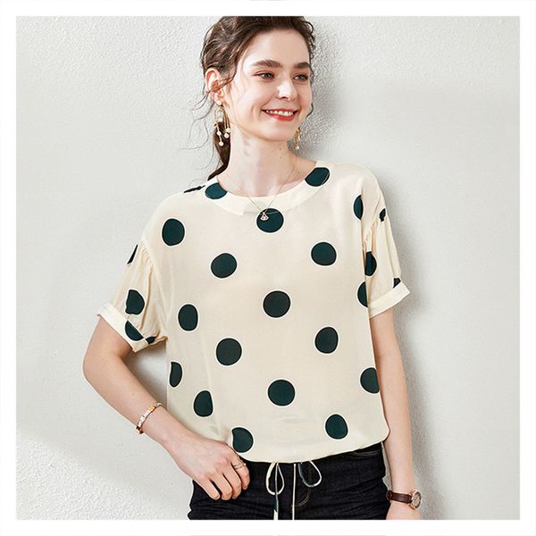 

blouses round neck with half sleeve back-breasted dot prints silk shirt women's 2021 fashion style, White