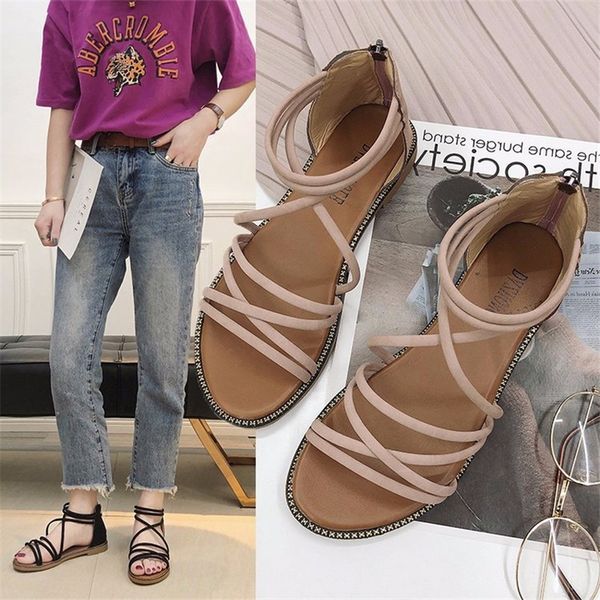 

womens shoes new cross strap flat beach shoes student fashion roman womens sandals1, Black