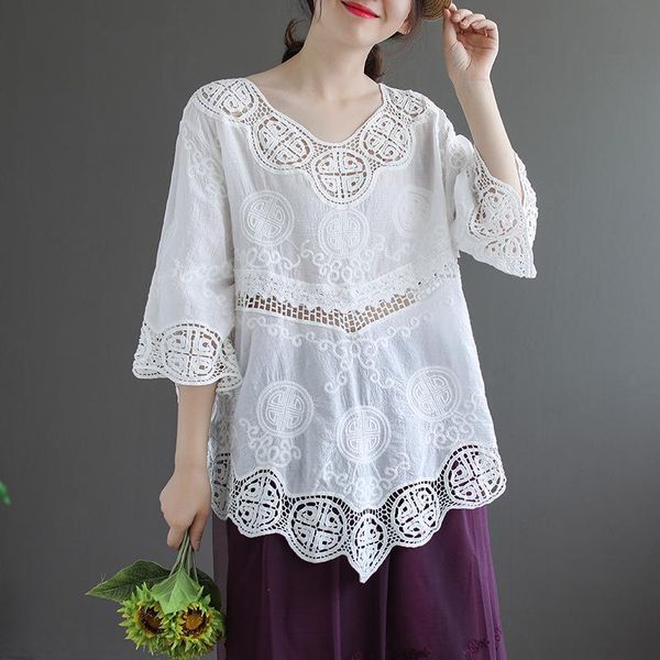 

women's blouses & shirts fairynatural 2021 summer sweet ladies hollow out embroidery casual irregular female vintage pullover o-neck, White