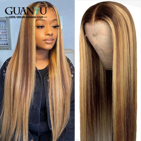 

highlight lace front human hair wig 13x4 pre plucked brazilian remy straight piano color bleached knots1, Black;brown