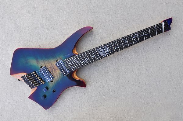

factory custom 7 strings headless blue sunburst faned electric guitar with ash body,rbony fretboard,black hardwares,can be customized