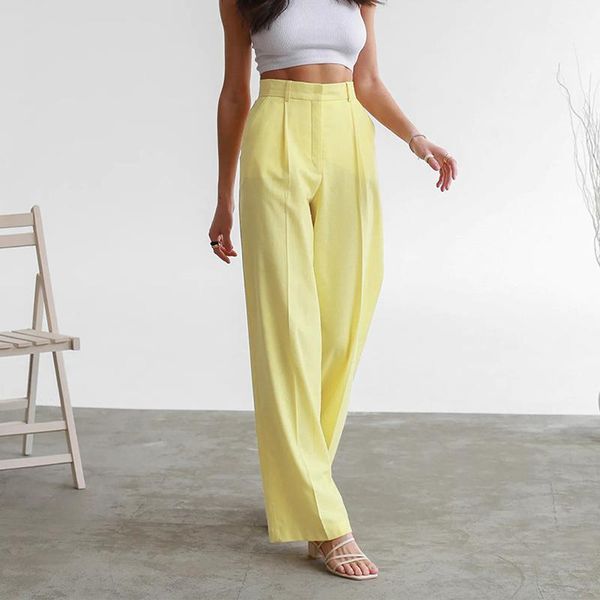 

women's pants & capris women yellow linen suit chic elegant office lady high waist long wide leg trousers casual female all-match fashi, Black;white