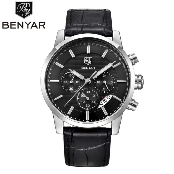 

benyar 5104 quartz chronograph waterproof watches business and sport design leather band strap wrist watch for men military confignation scr, Slivery;brown