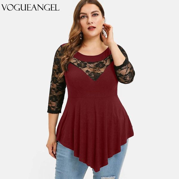 

women's t-shirt plus size floral lace panel asymmetrical fashion women t shirts summer o neck three quarter sleeves ladies tee 5xl, White