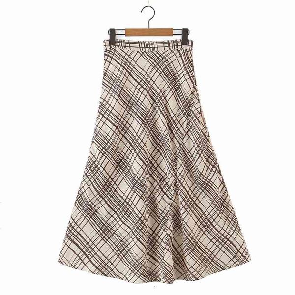 

skirts elegant women high waist 2021 fashion ladies khaki plaid print streetwear female chic a-line long unj4, Black