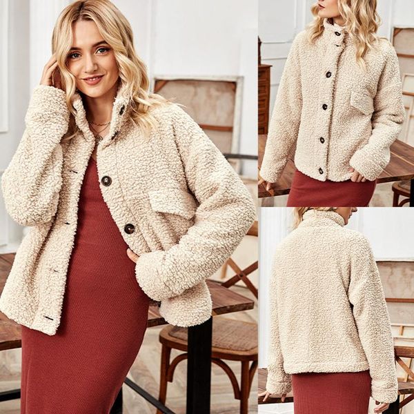 

winter womens jacket buttons solid color long sleeve warm plush coat women's jackets, Black;brown